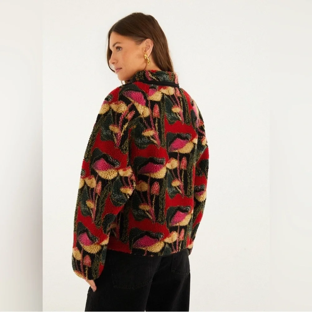 Farm Rio Black Wild Mushrooms Fleece Bomber Jacket - Picture 5 of 9